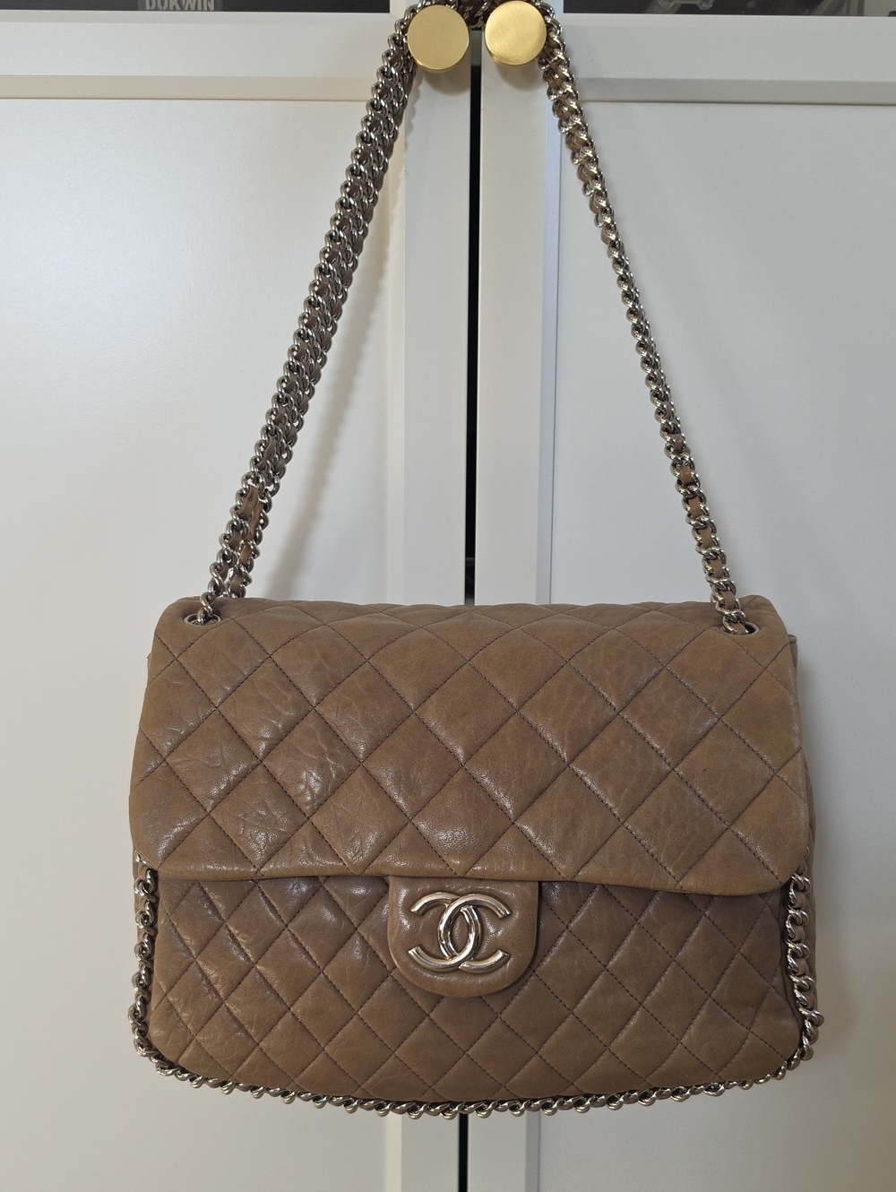 CHANEL Quilted Flap Bag in Lambskin Taupe Brown w/Silver Hardware MAXI